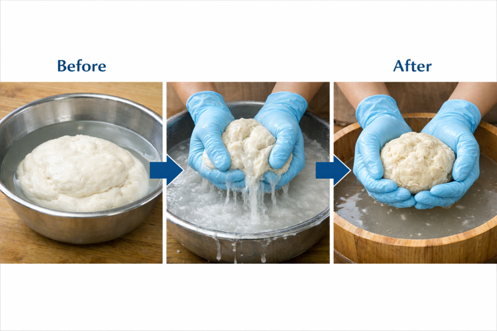 用途に合わせて水分や配合を調整するお麩の生地づくり。
