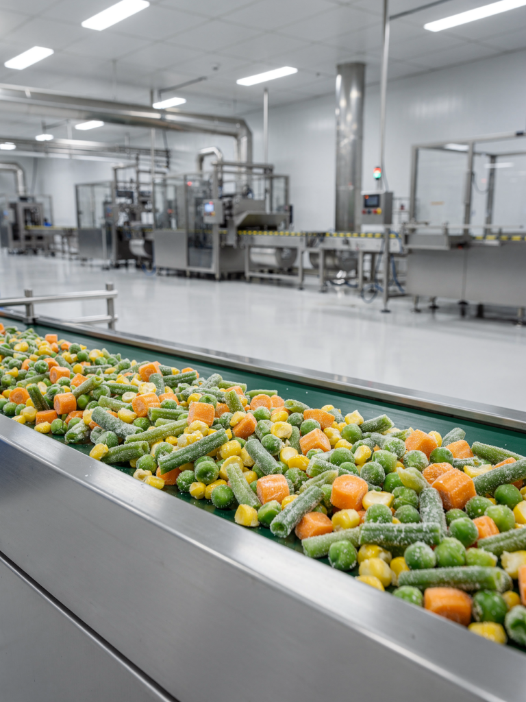 食品加工・業務用に使用される冷凍野菜の製造ライン
